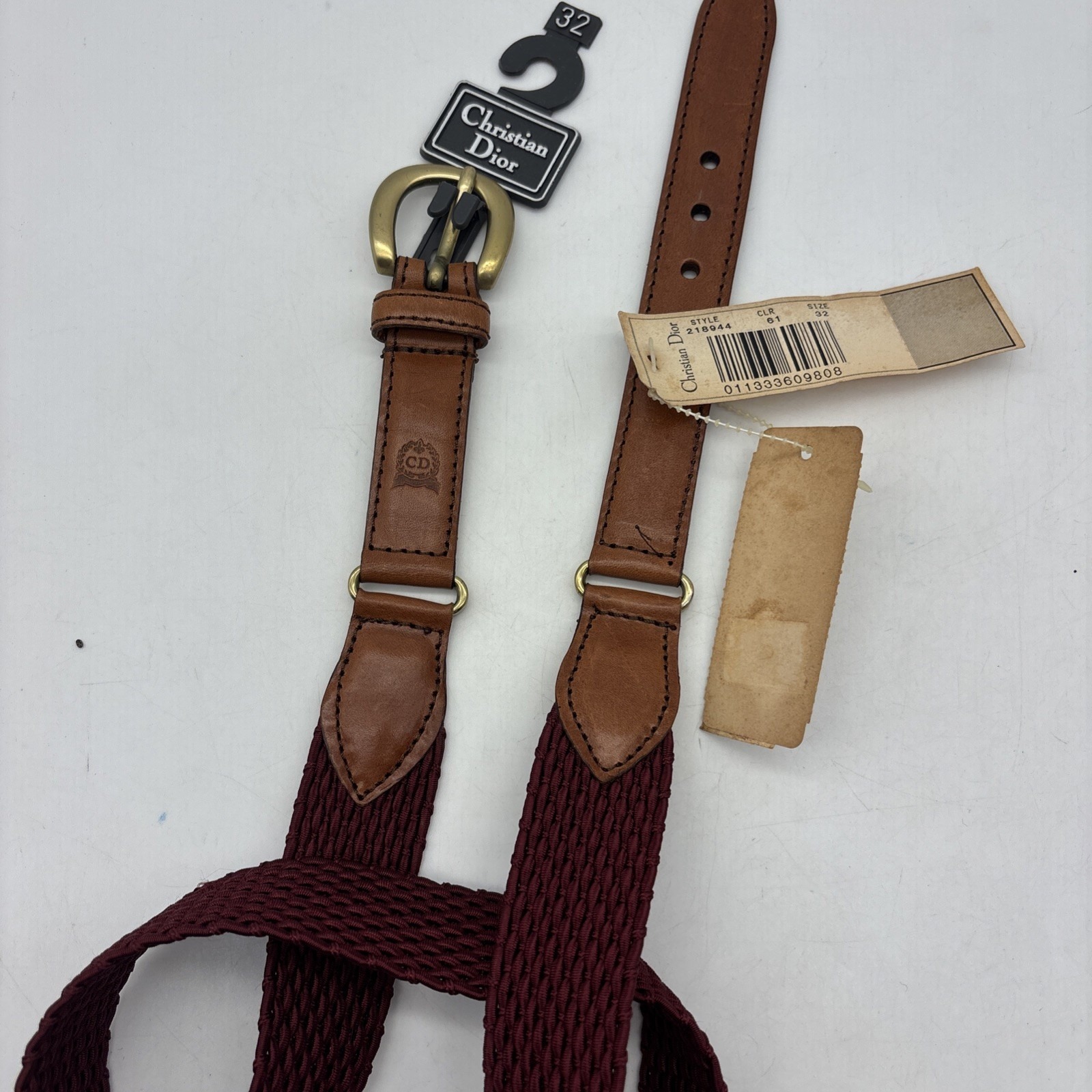 Vtg Christian Dior Maroon Braided Stretch Belt With Leather Brass 218944 Men 32